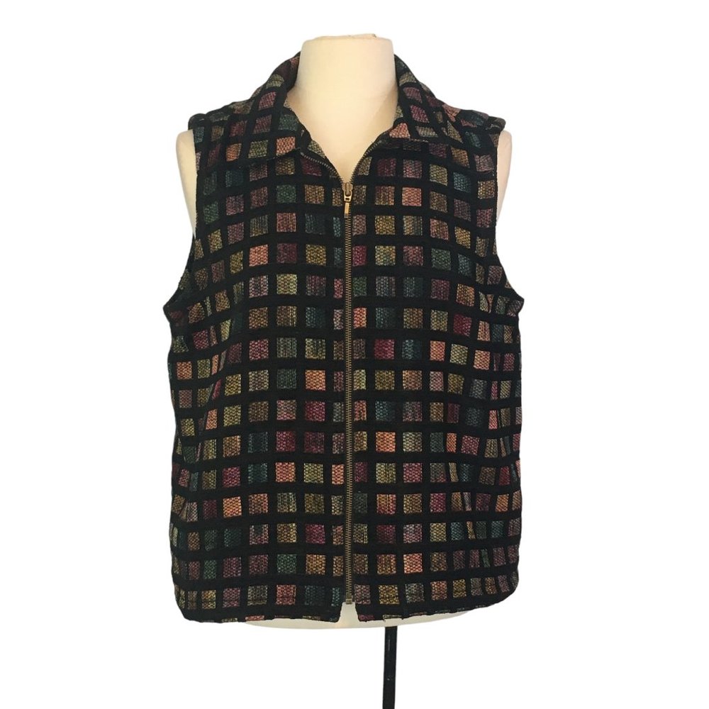 Christopher Banks Womens black Multicolor Checkered Zip Front Vest L